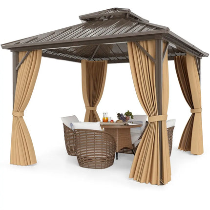 10 X 10 Feet Hardtop Gazebo with Netting and Curtain for Patio Backyard-Coffee - Coffee - Gazebos