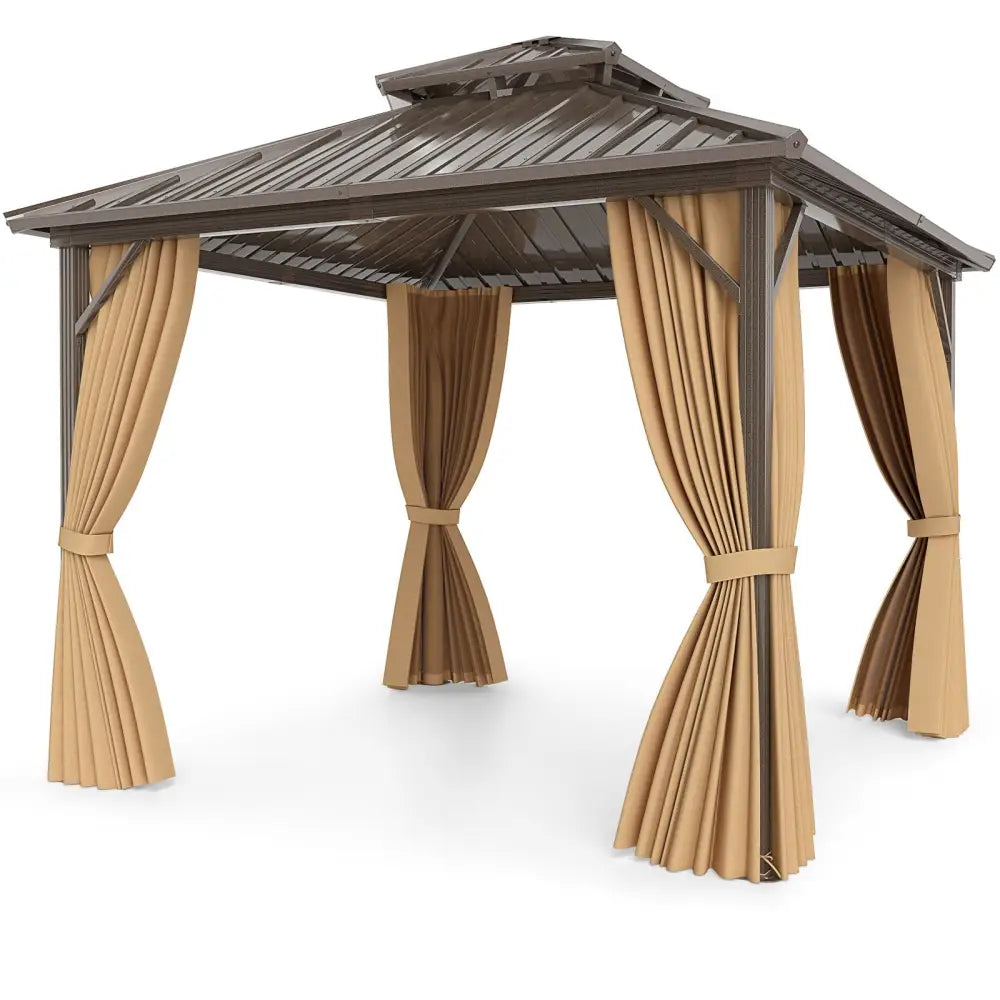 10 X 10 Feet Hardtop Gazebo with Netting and Curtain for Patio Backyard-Coffee - Coffee - Gazebos