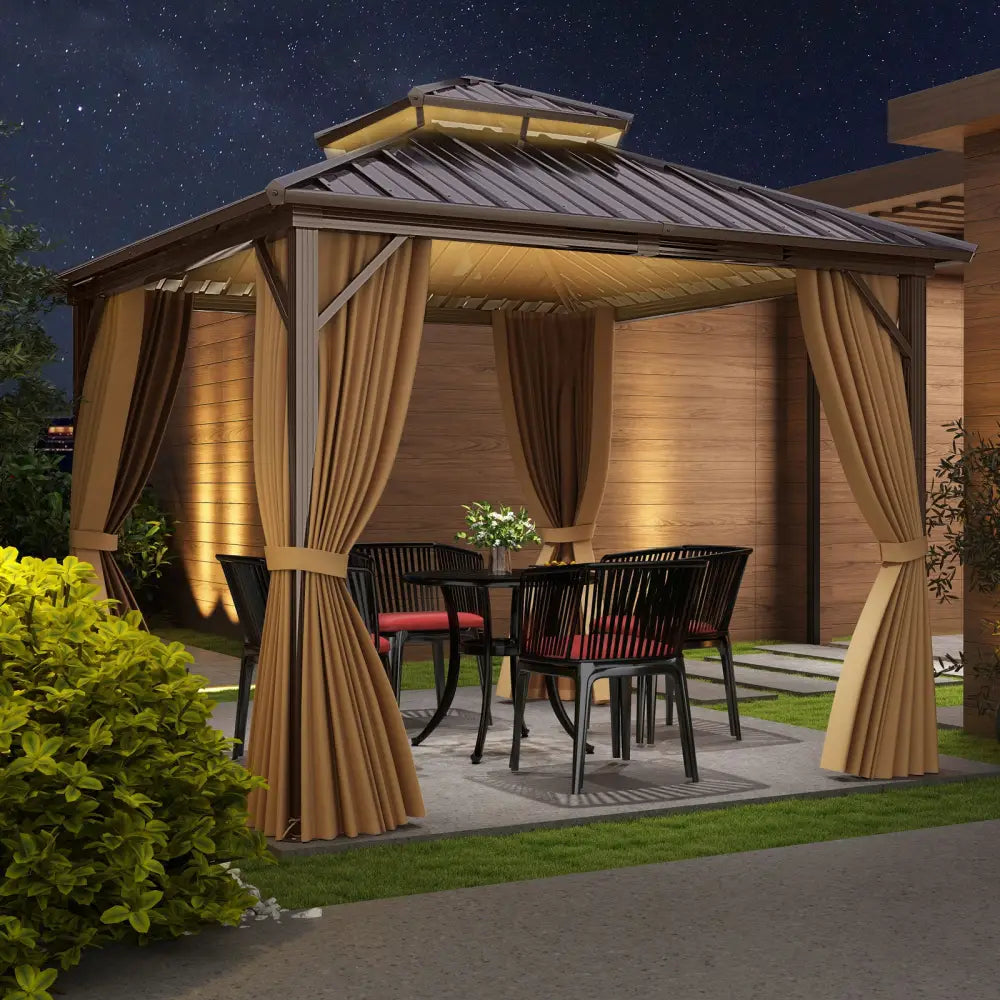 10 X 10 Feet Hardtop Gazebo with Netting and Curtain for Patio Backyard-Coffee - Coffee - Gazebos