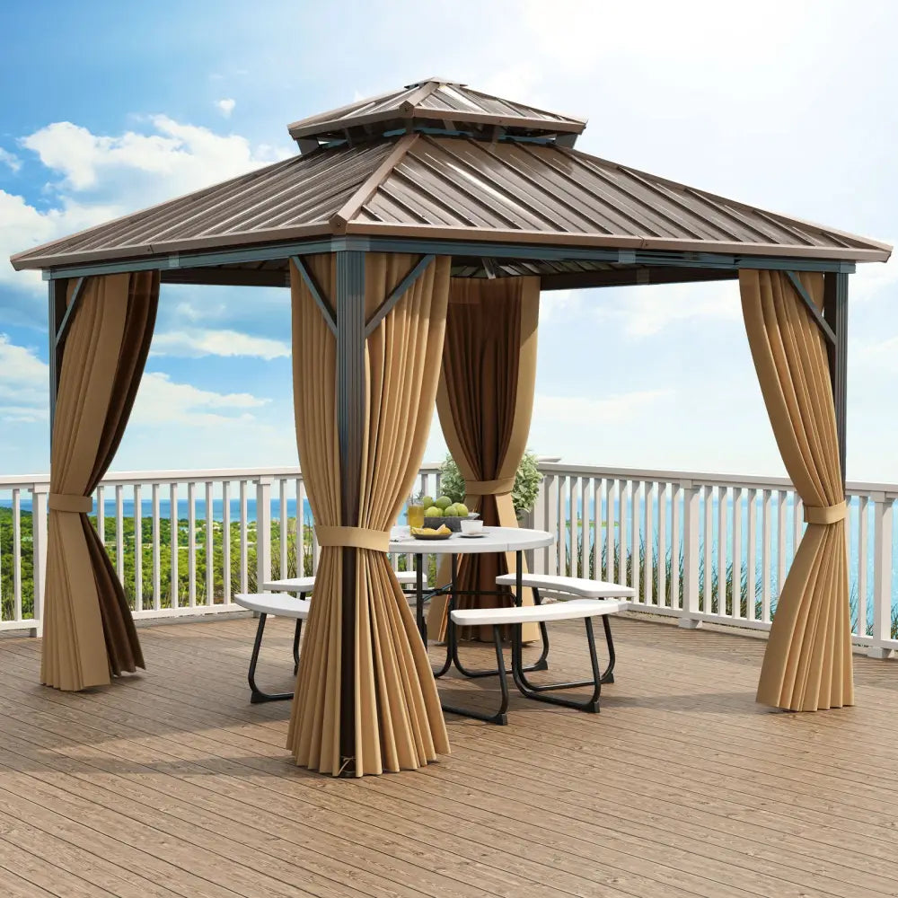 10 X 10 Feet Hardtop Gazebo with Netting and Curtain for Patio Backyard-Coffee - Coffee - Gazebos