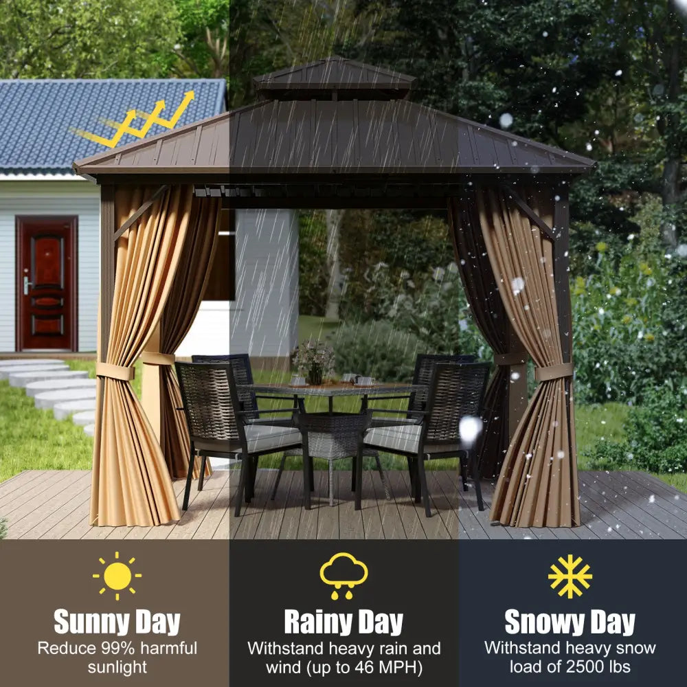 10 X 10 Feet Hardtop Gazebo with Netting and Curtain for Patio Backyard-Coffee - Coffee - Gazebos