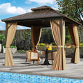 10 X 10 Feet Hardtop Gazebo with Netting and Curtain for Patio Backyard-Coffee - Coffee - Gazebos