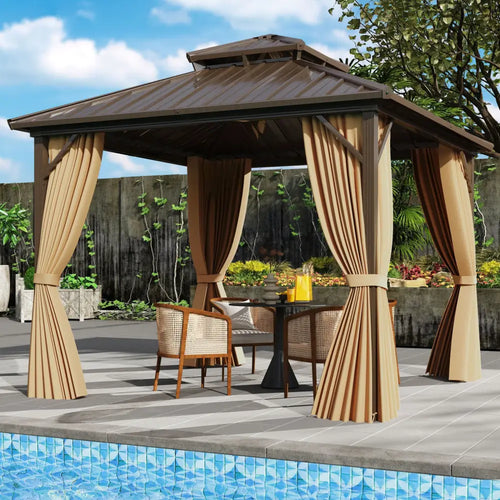 10 X 10 Feet Hardtop Gazebo with Netting and Curtain for Patio Backyard-Coffee - Coffee - Gazebos