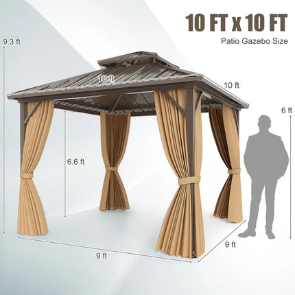 10 X 10 Feet Hardtop Gazebo with Netting and Curtain for Patio Backyard-Coffee - Coffee - Gazebos