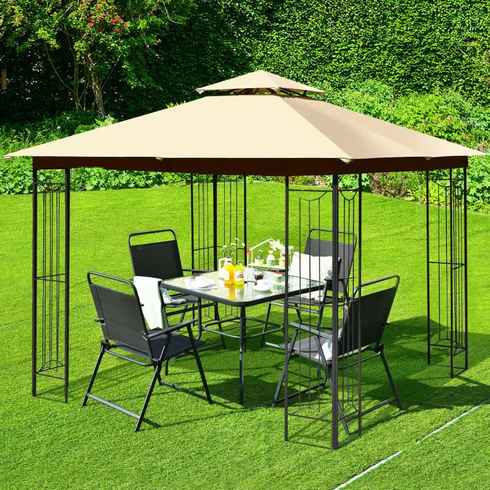 10 x 10 Feet L-Shaped Patio Canopy Gazebo Outdoor 2-Tier Steel Tent-Beige - Beige - Gazebos