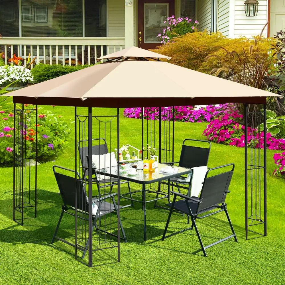 10 x 10 Feet L-Shaped Patio Canopy Gazebo Outdoor 2-Tier Steel Tent-Beige - Beige - Gazebos
