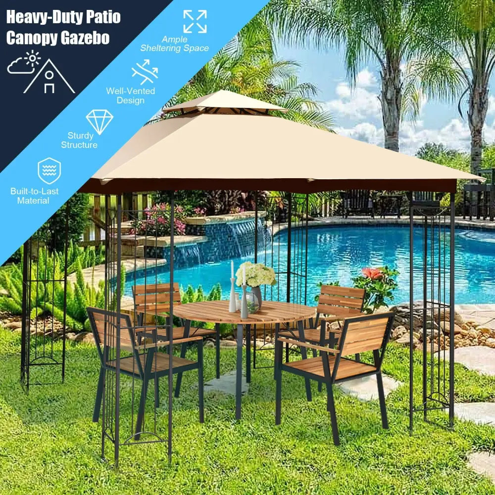 10 x 10 Feet L-Shaped Patio Canopy Gazebo Outdoor 2-Tier Steel Tent-Beige - Beige - Gazebos