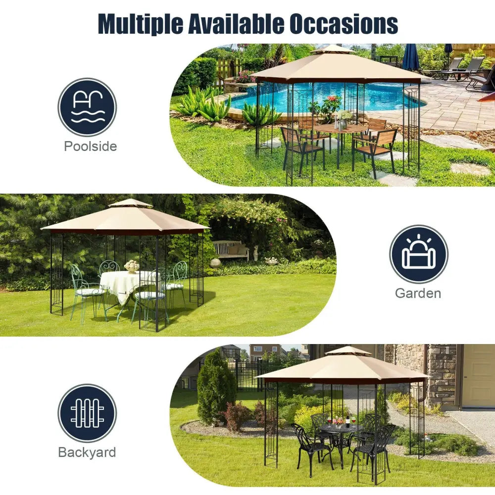 10 x 10 Feet L-Shaped Patio Canopy Gazebo Outdoor 2-Tier Steel Tent-Beige - Beige - Gazebos