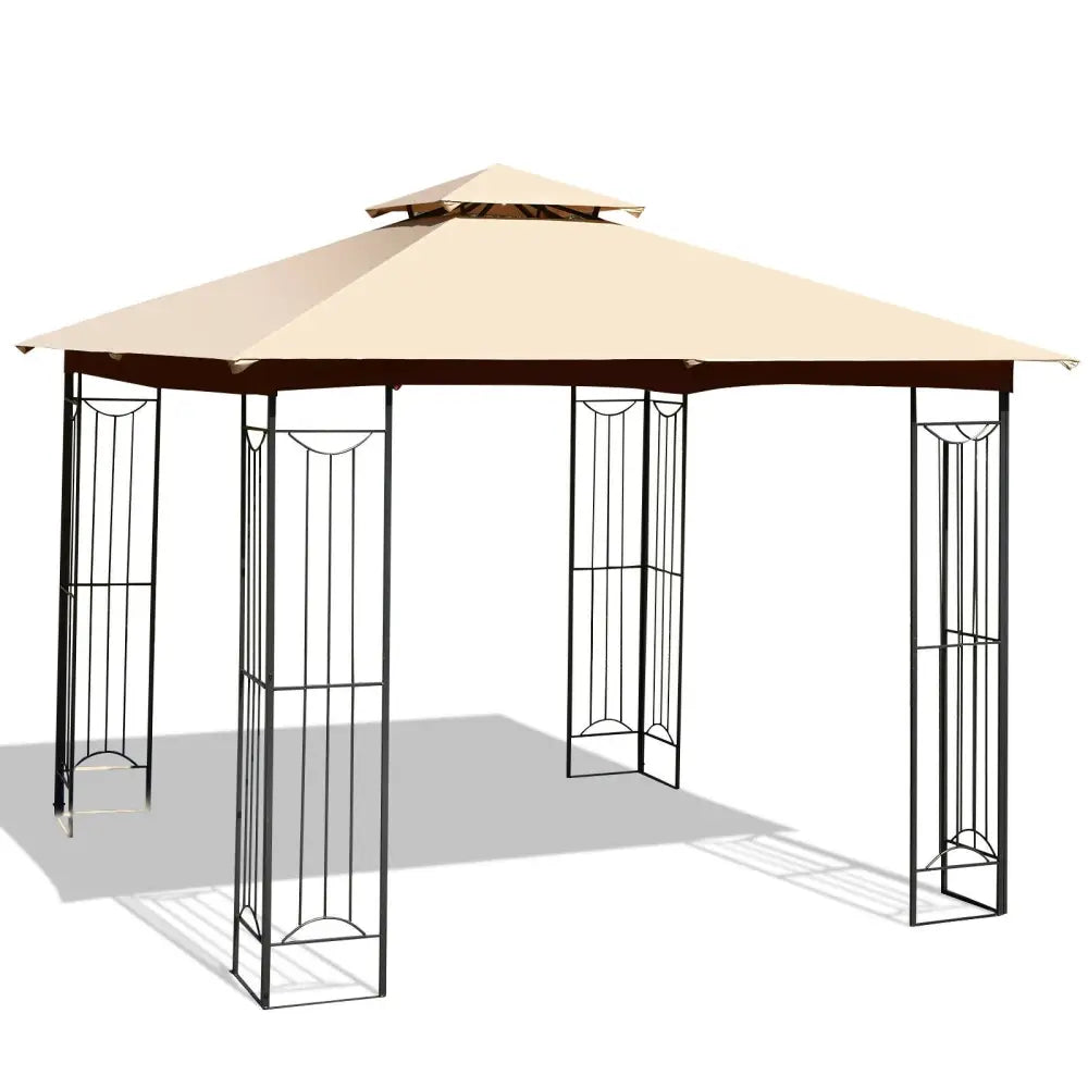 10 x 10 Feet L-Shaped Patio Canopy Gazebo Outdoor 2-Tier Steel Tent-Beige - Beige - Gazebos