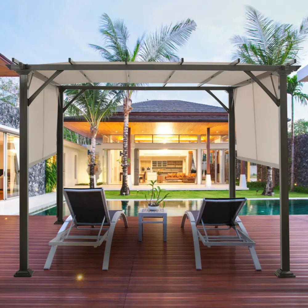 10 x 10 Feet Metal Frame Patio Furniture Shelter-Beige - Beige - Gazebos
