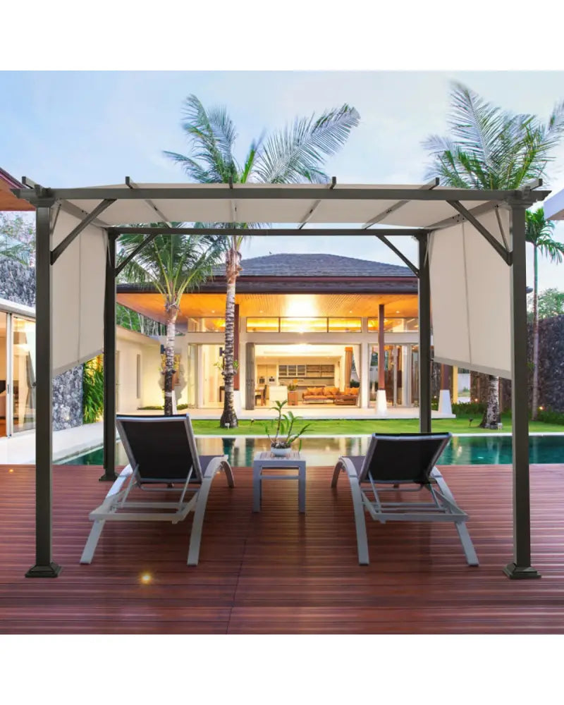 10 x 10 Feet Metal Frame Patio Furniture Shelter-Beige - Beige - Gazebos