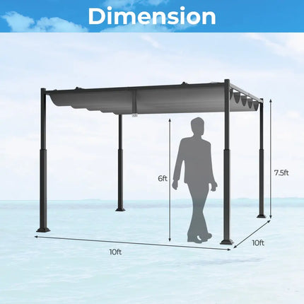 10 x 10 Feet Outdoor Pergola with Retractable Canopy and Metal Columns-Gray - Gray - Gazebos