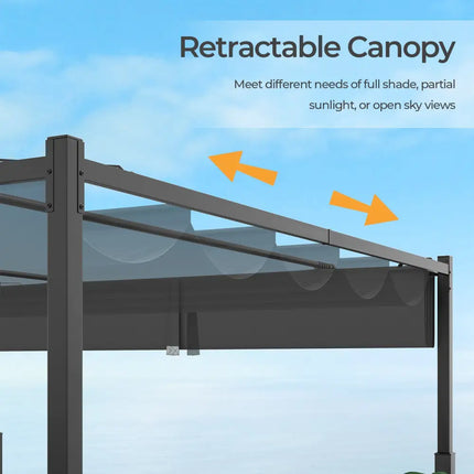 10 x 10 Feet Outdoor Pergola with Retractable Canopy and Metal Columns-Gray - Gray - Gazebos