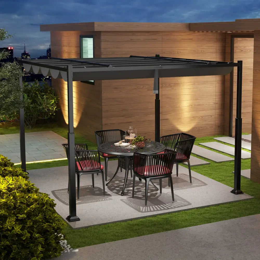 10 x 10 Feet Outdoor Pergola with Retractable Canopy and Metal Columns-Gray - Gray - Gazebos