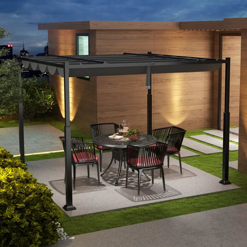 10 x 10 Feet Outdoor Pergola with Retractable Canopy and Metal Columns-Gray - Gray - Gazebos