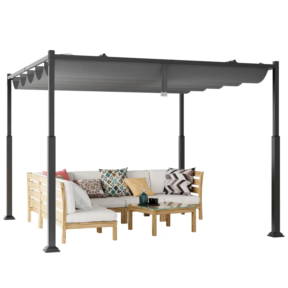 10 x 10 Feet Outdoor Pergola with Retractable Canopy and Metal Columns-Gray - Gray - Gazebos