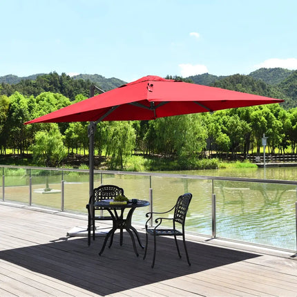 10 x 10 Feet Patio Offset Cantilever Umbrella with Aluminum 360-degree Rotation Tilt-Wine - Red - Outdoor Umbrellas