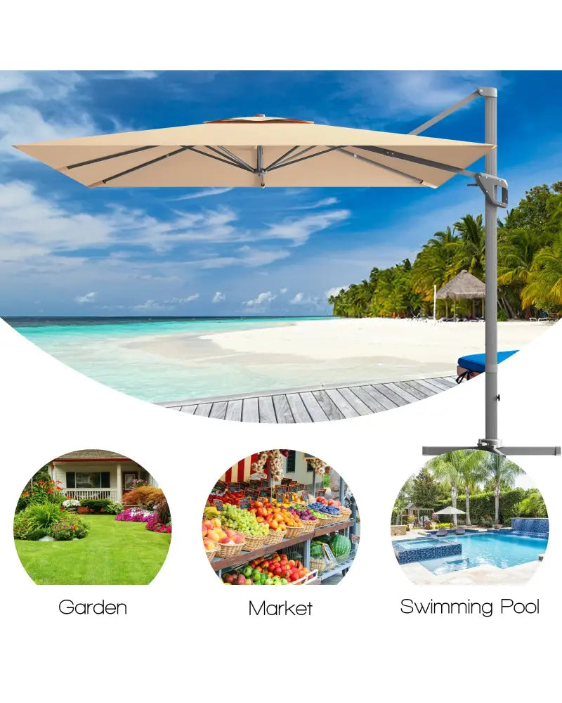 10 x 10 Feet Patio Offset Cantilever Umbrella with Aluminum 360-degree Rotation Tilt-Beige - Beige - Outdoor Umbrellas
