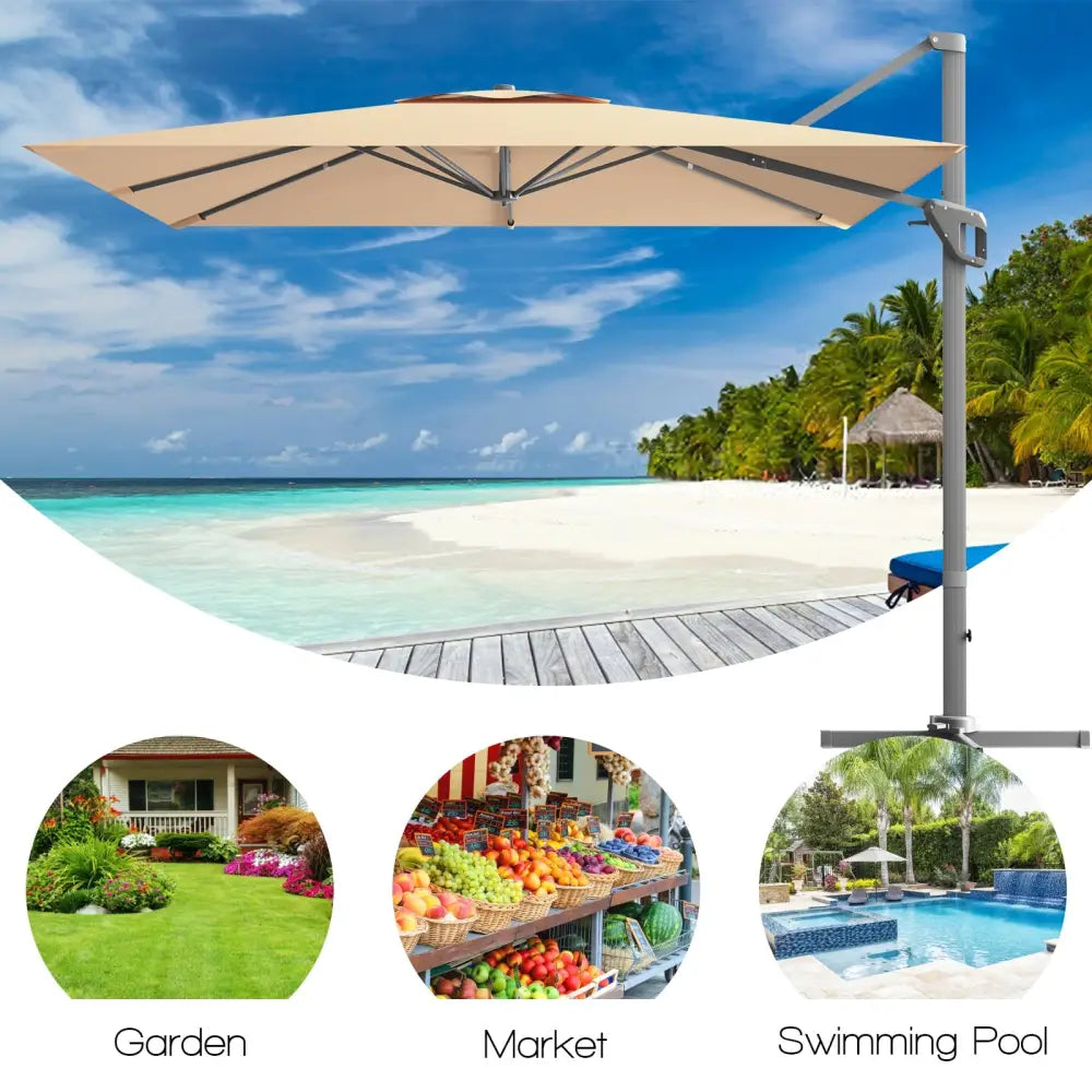 10 x 10 Feet Patio Offset Cantilever Umbrella with Aluminum 360-degree Rotation Tilt-Beige - Beige - Outdoor Umbrellas