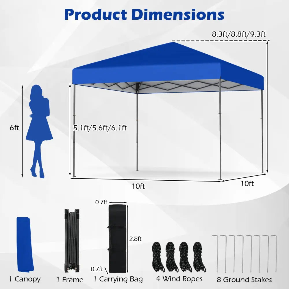 10 X 10 Feet Pop up Canopy Tent with Portable Carrying Bag and 8 Stakes-Blue - Blue - Canopies
