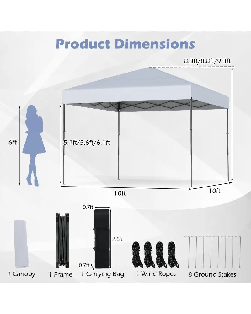 10 X 10 Feet Pop up Canopy Tent with Portable Carrying Bag and 8 Stakes-White - White - Canopies