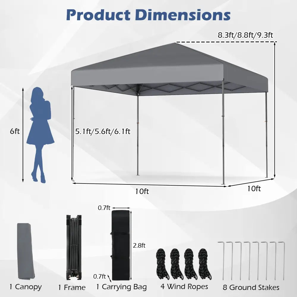10 X 10 Feet Pop up Canopy Tent with Portable Carrying Bag and 8 Stakes-Gray - Gray - Canopies
