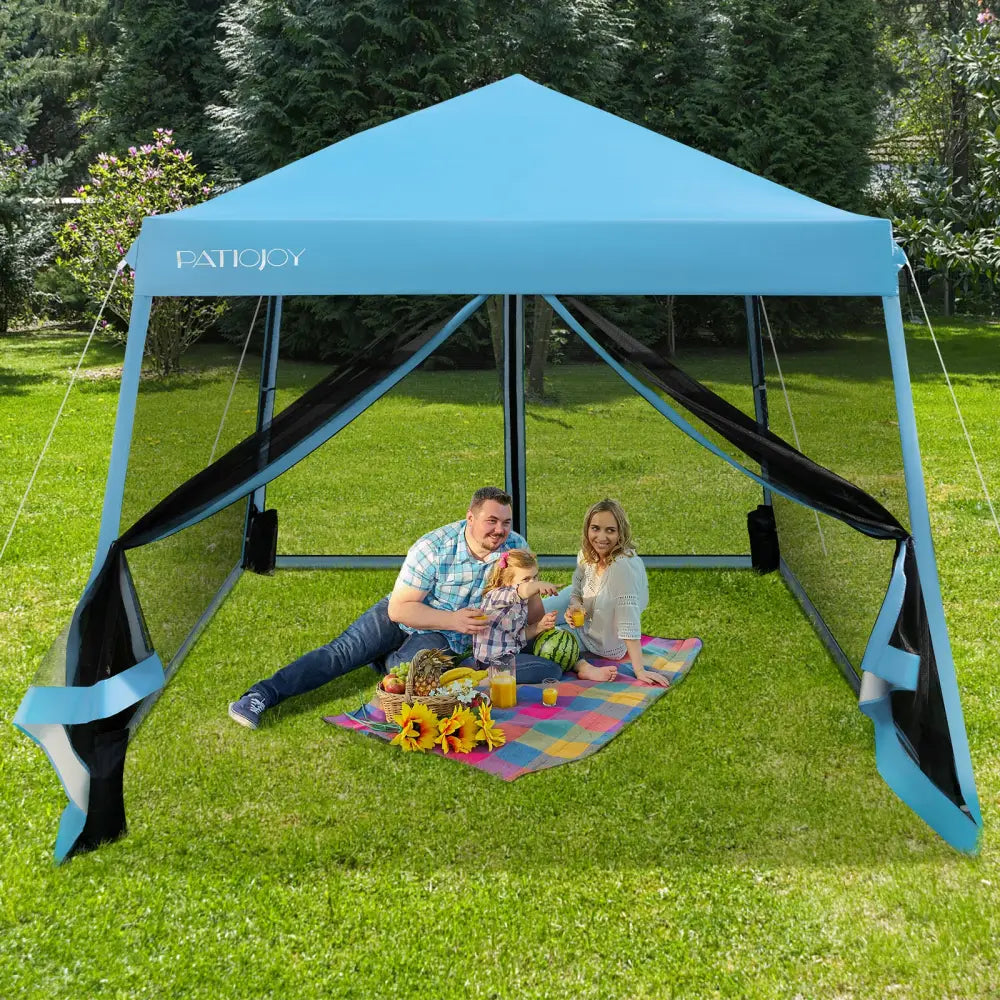 10 x 10 Feet Pop Up Canopy with with Mesh Sidewalls and Roller Bag-Blue - Blue - Canopies