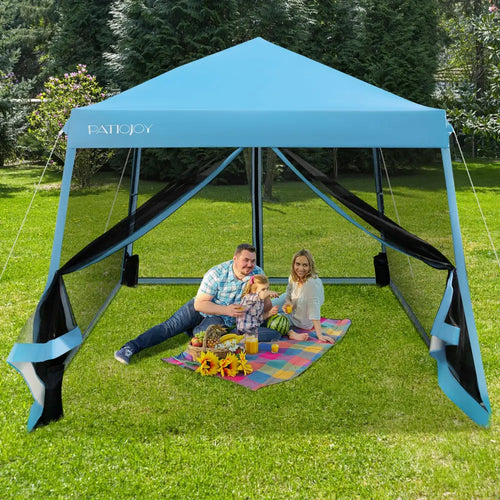 10 x 10 Feet Pop Up Canopy with with Mesh Sidewalls and Roller Bag-Blue - Blue - Canopies