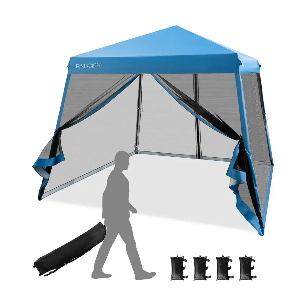 10 x 10 Feet Pop Up Canopy with with Mesh Sidewalls and Roller Bag-Blue - Blue - Canopies