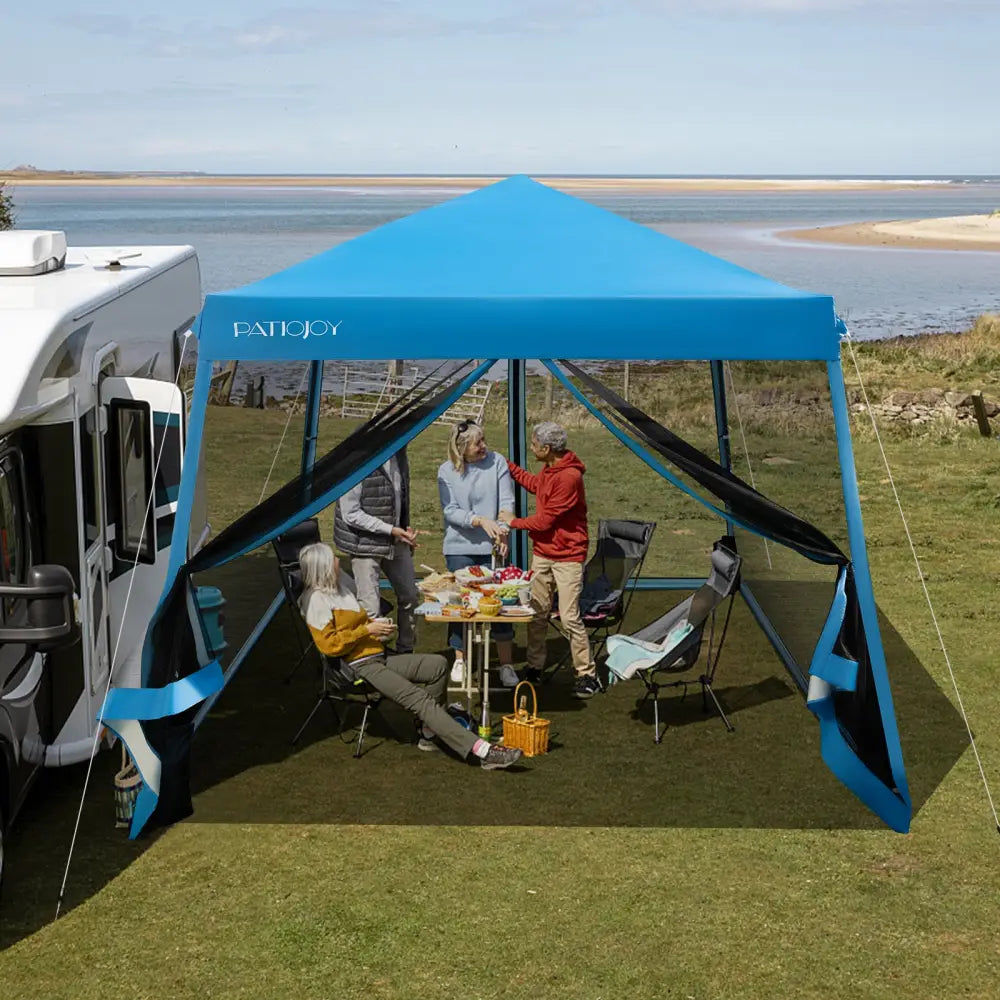 10 x 10 Feet Pop Up Canopy with with Mesh Sidewalls and Roller Bag-Blue - Blue - Canopies