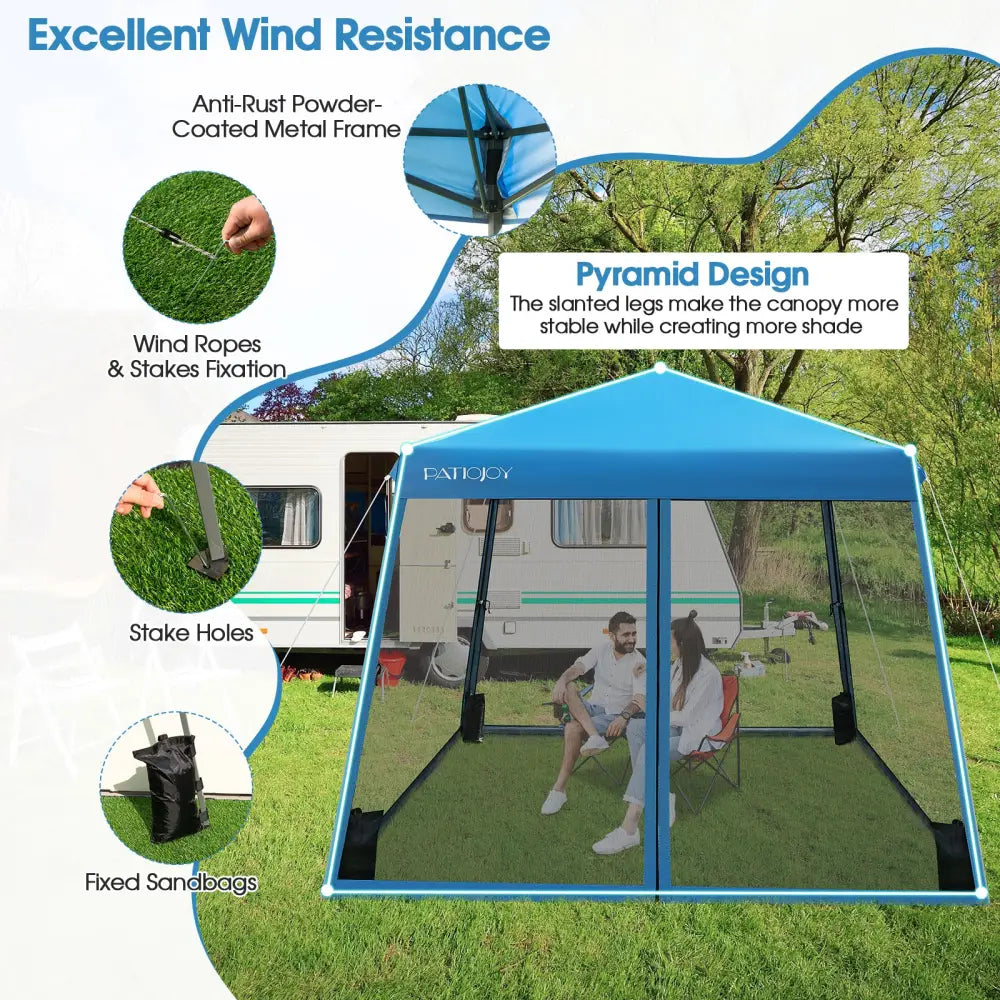 10 x 10 Feet Pop Up Canopy with with Mesh Sidewalls and Roller Bag-Blue - Blue - Canopies