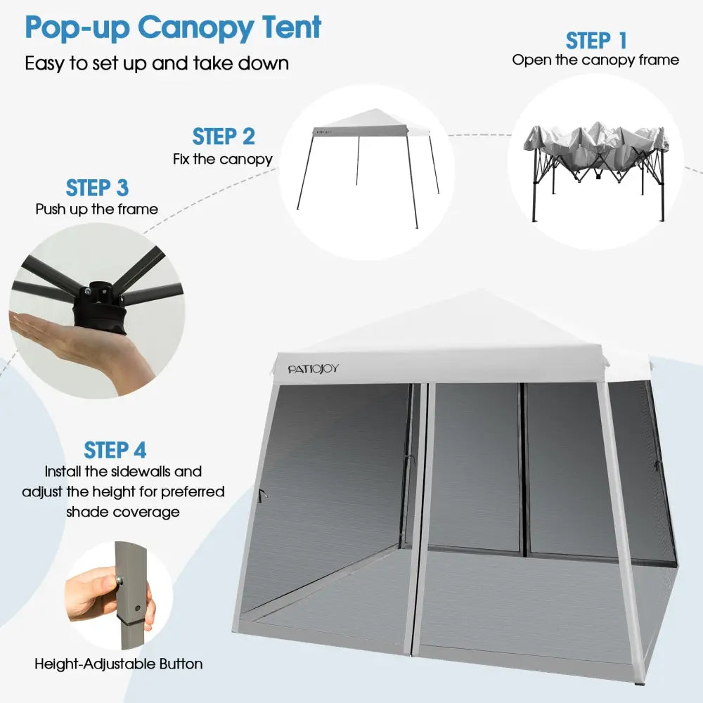 10 x 10 Feet Pop Up Canopy with with Mesh Sidewalls and Roller Bag-White - White - Canopies