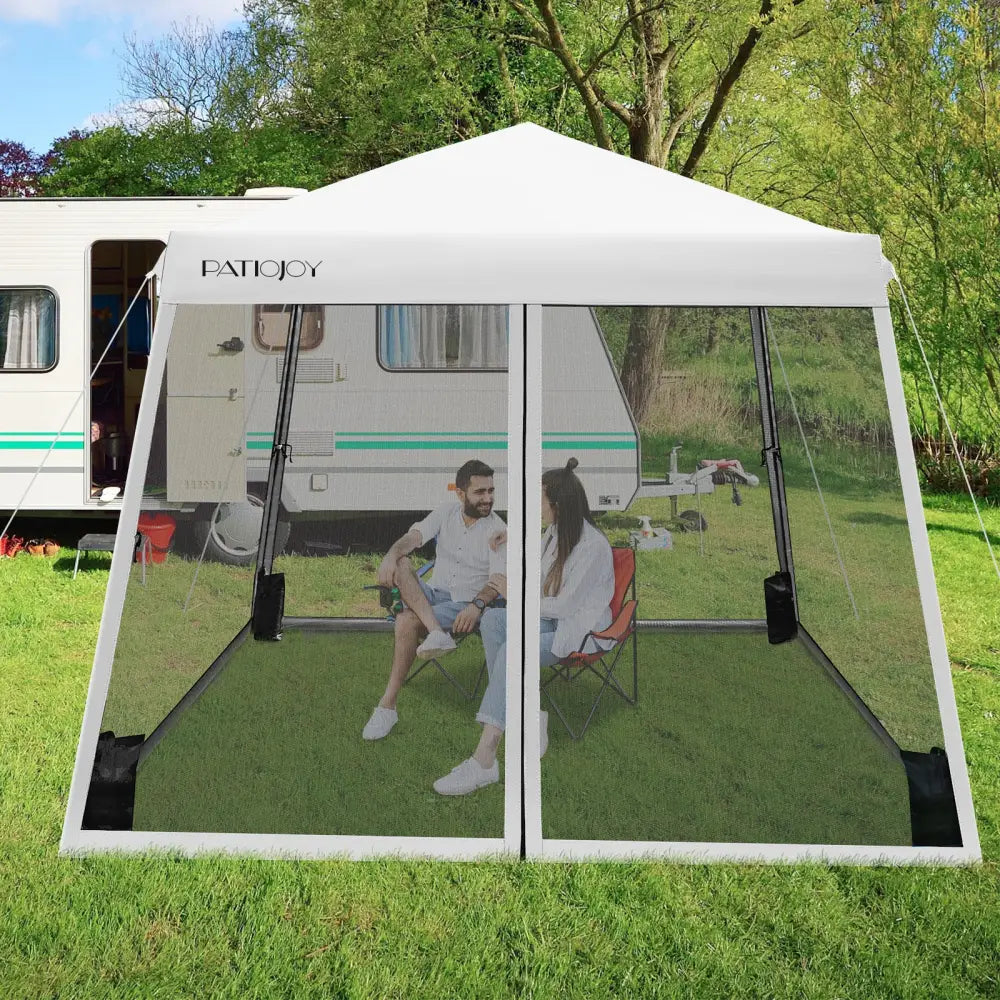 10 x 10 Feet Pop Up Canopy with with Mesh Sidewalls and Roller Bag-White - White - Canopies