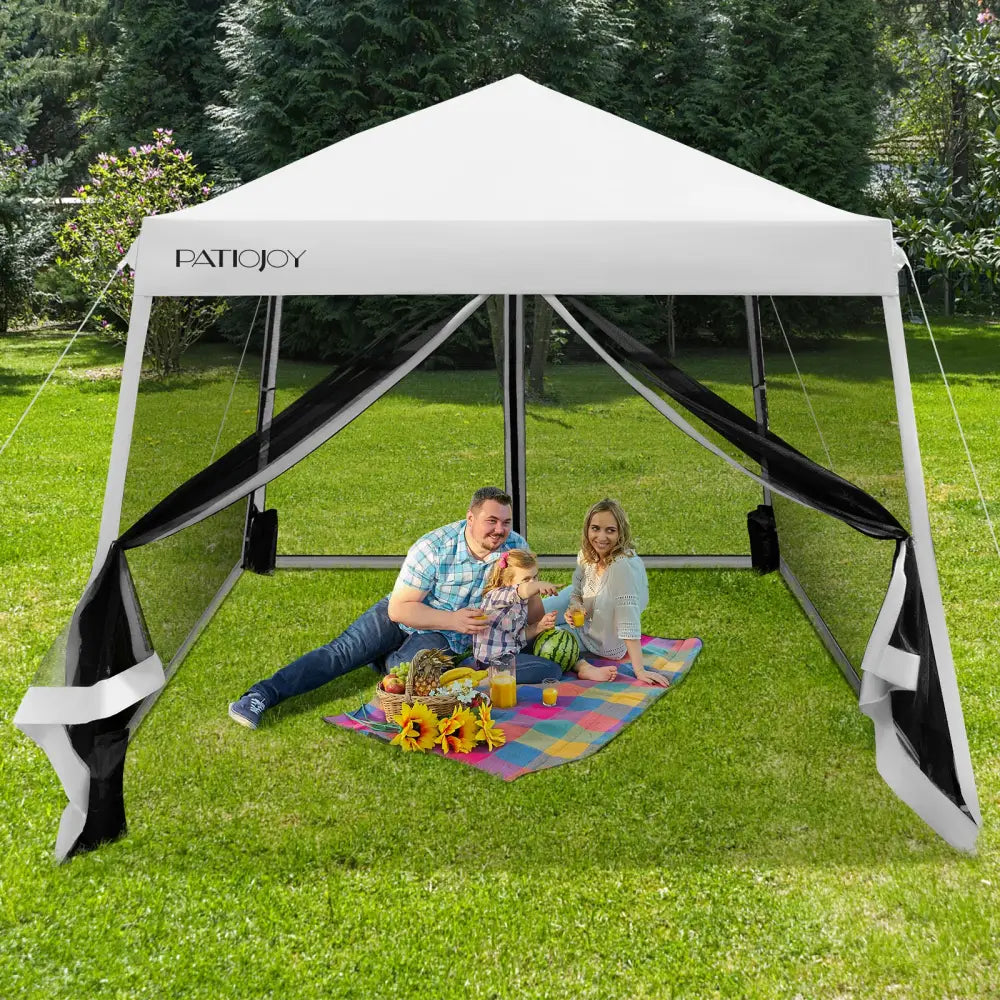 10 x 10 Feet Pop Up Canopy with with Mesh Sidewalls and Roller Bag-White - White - Canopies