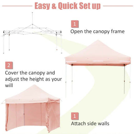 10 x 10 Feet Pop up Gazebo with 4 Height and Adjust Folding Awning-Pink - Pink - Canopies