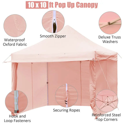 10 x 10 Feet Pop up Gazebo with 4 Height and Adjust Folding Awning-Pink - Pink - Canopies