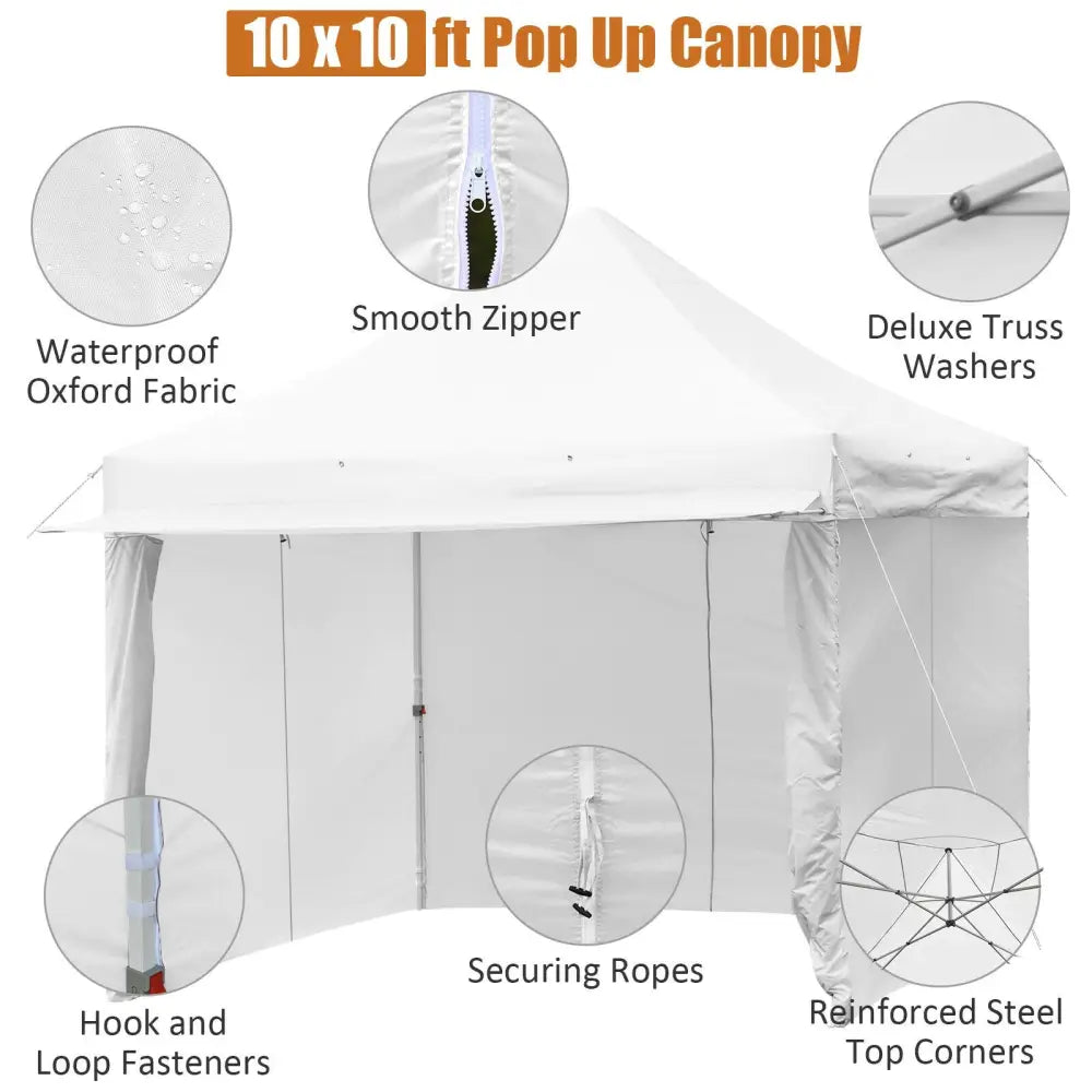 10 x 10 Feet Pop up Gazebo with 4 Height and Adjust Folding Awning-White - White - Canopies
