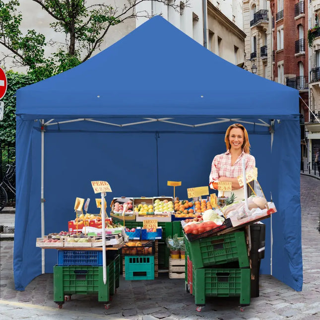 10 x 10 Feet Pop-up Gazebo with 5 Removable Zippered Sidewalls and Extended Awning-Blue - Blue - Canopies