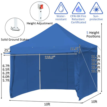 10 x 10 Feet Pop-up Gazebo with 5 Removable Zippered Sidewalls and Extended Awning-Blue - Blue - Canopies
