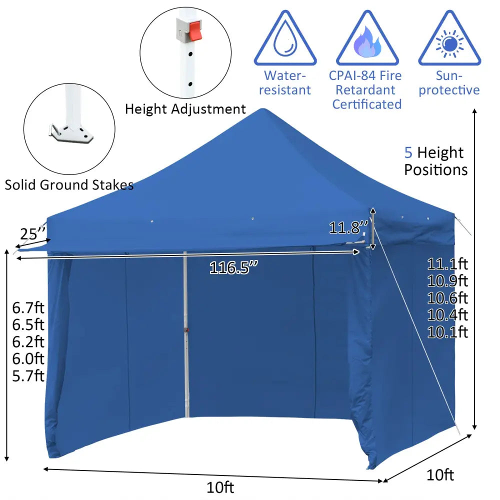 10 x 10 Feet Pop-up Gazebo with 5 Removable Zippered Sidewalls and Extended Awning-Blue - Blue - Canopies