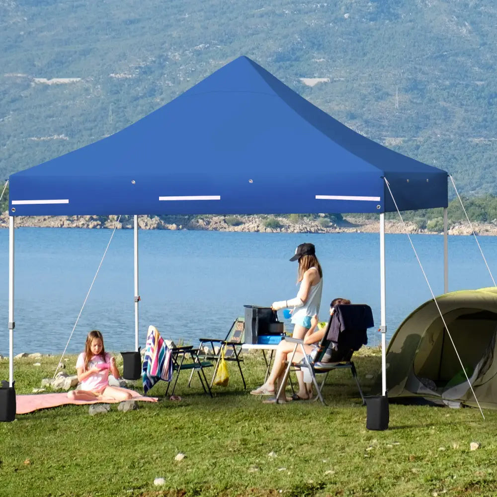 10 x 10 Feet Pop-up Gazebo with 5 Removable Zippered Sidewalls and Extended Awning-Blue - Blue - Canopies