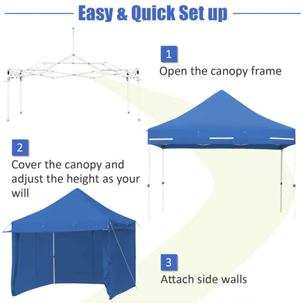 10 x 10 Feet Pop-up Gazebo with 5 Removable Zippered Sidewalls and Extended Awning-Blue - Blue - Canopies