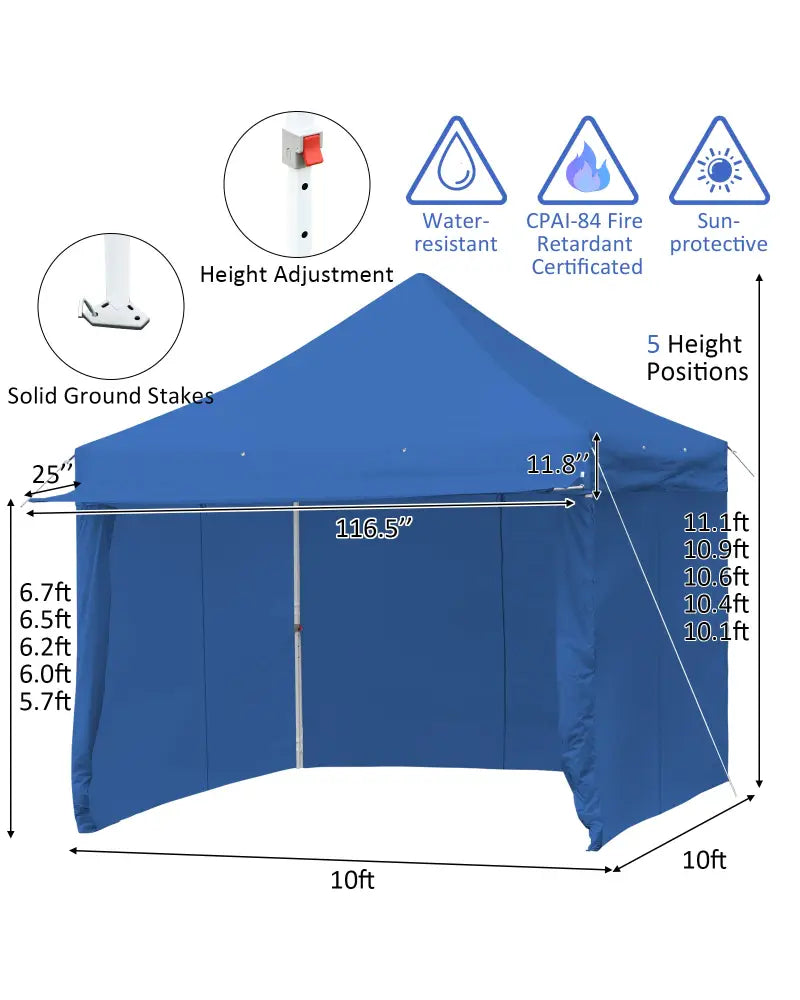 10 x 10 Feet Pop-up Gazebo with 5 Removable Zippered Sidewalls and Extended Awning-Blue - Blue - Canopies