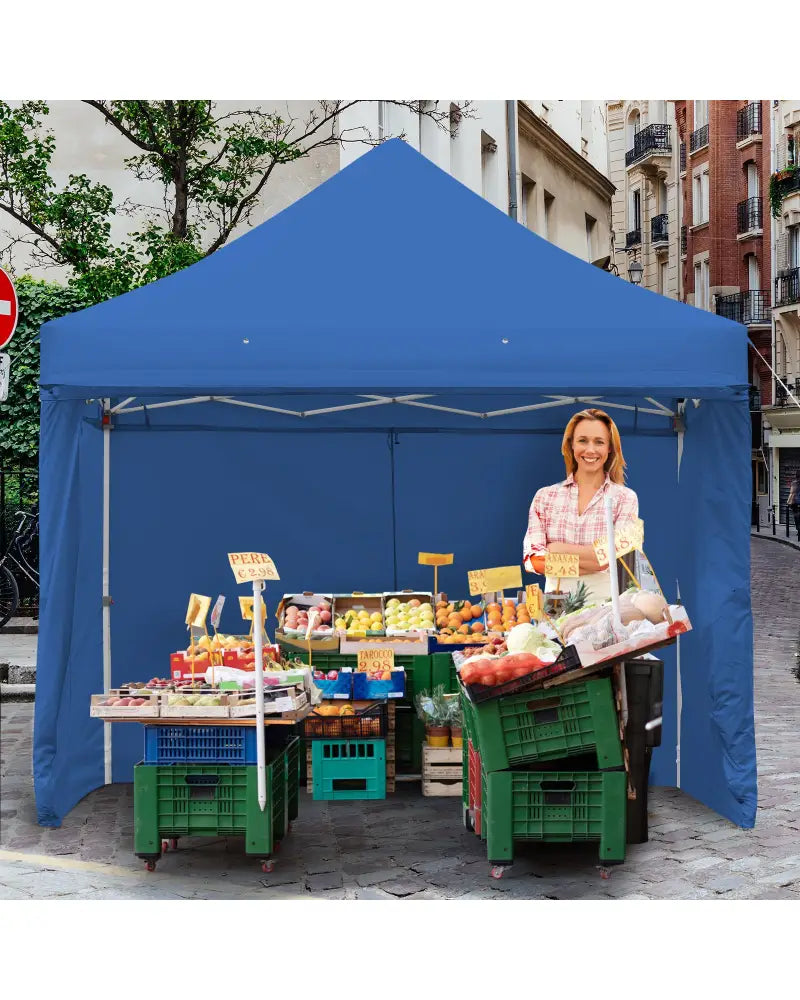 10 x 10 Feet Pop-up Gazebo with 5 Removable Zippered Sidewalls and Extended Awning-Blue - Blue - Canopies