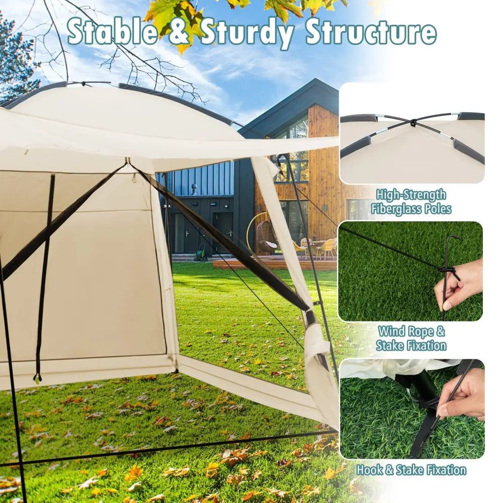 10 x 10 Feet Screened Canopy Tent w/ Vestibule and Zippered Door-Beige - Beige - Tents