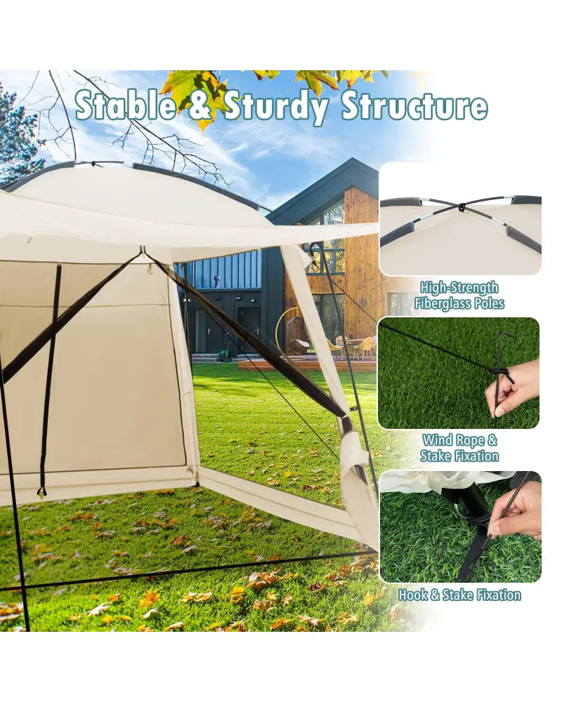 10 x 10 Feet Screened Canopy Tent w/ Vestibule and Zippered Door-Beige - Beige - Tents