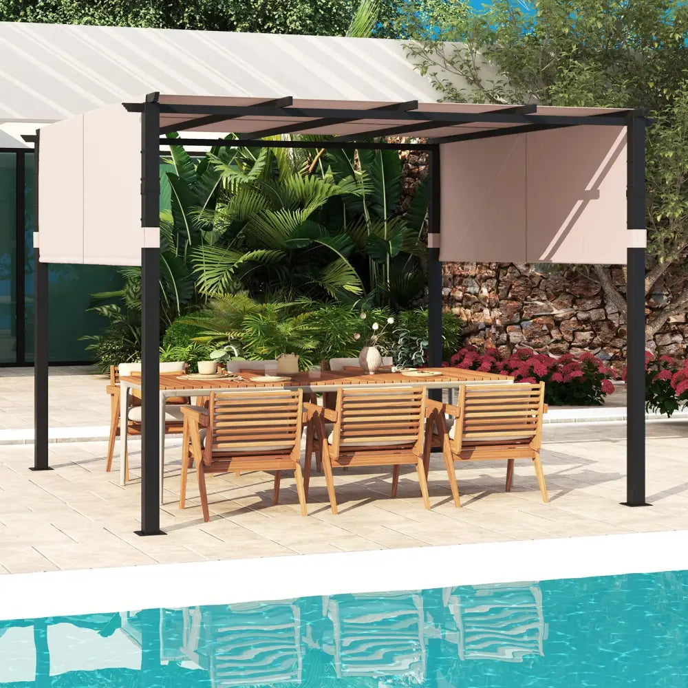 10 x 10 ft Flat Top Pergola with Retractable Canopy for Garden Pool Porch and Backyard-Beige - Beige - Gazebos