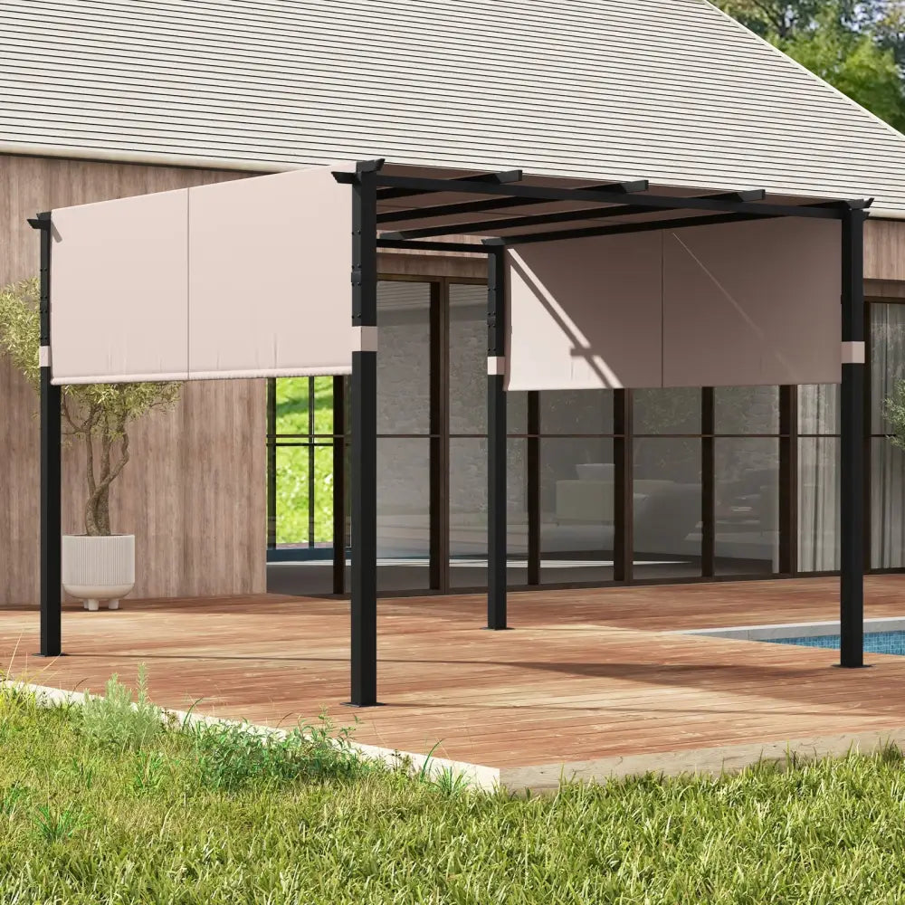 10 x 10 ft Flat Top Pergola with Retractable Canopy for Garden Pool Porch and Backyard-Beige - Beige - Gazebos