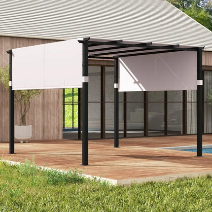 10 x 10 ft Flat Top Pergola with Retractable Canopy for Garden Pool Porch and Backyard-Gray - Gray - Gazebos
