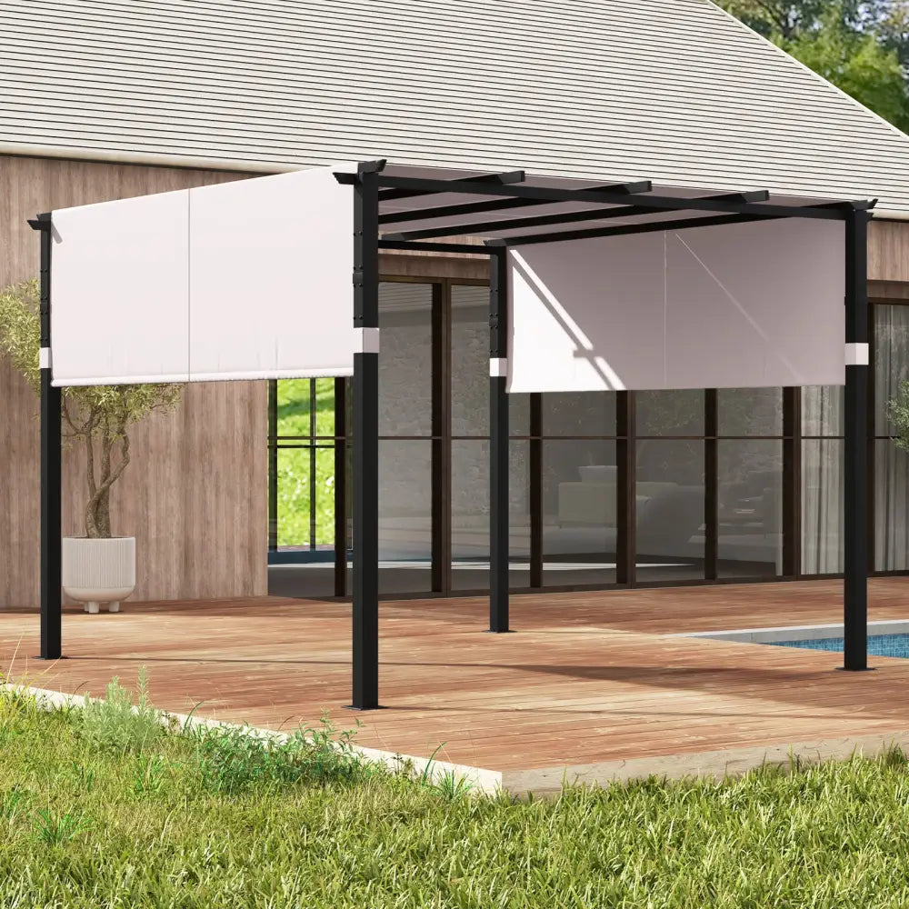 10 x 10 ft Flat Top Pergola with Retractable Canopy for Garden Pool Porch and Backyard-Gray - Gray - Gazebos